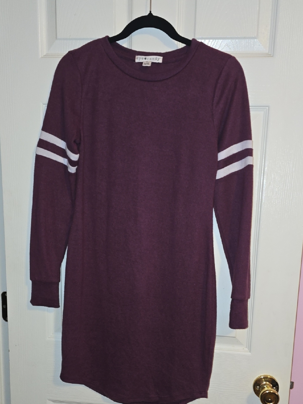 eye candy Plum Crewneck Sweater Top with White Sleeve Stripes